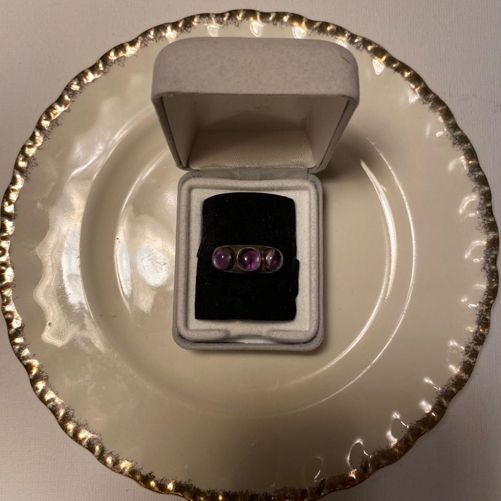 💛 925 sterling silver stamped genuine cabochon amethyst trinity ring. New. - Picture 4 of 6